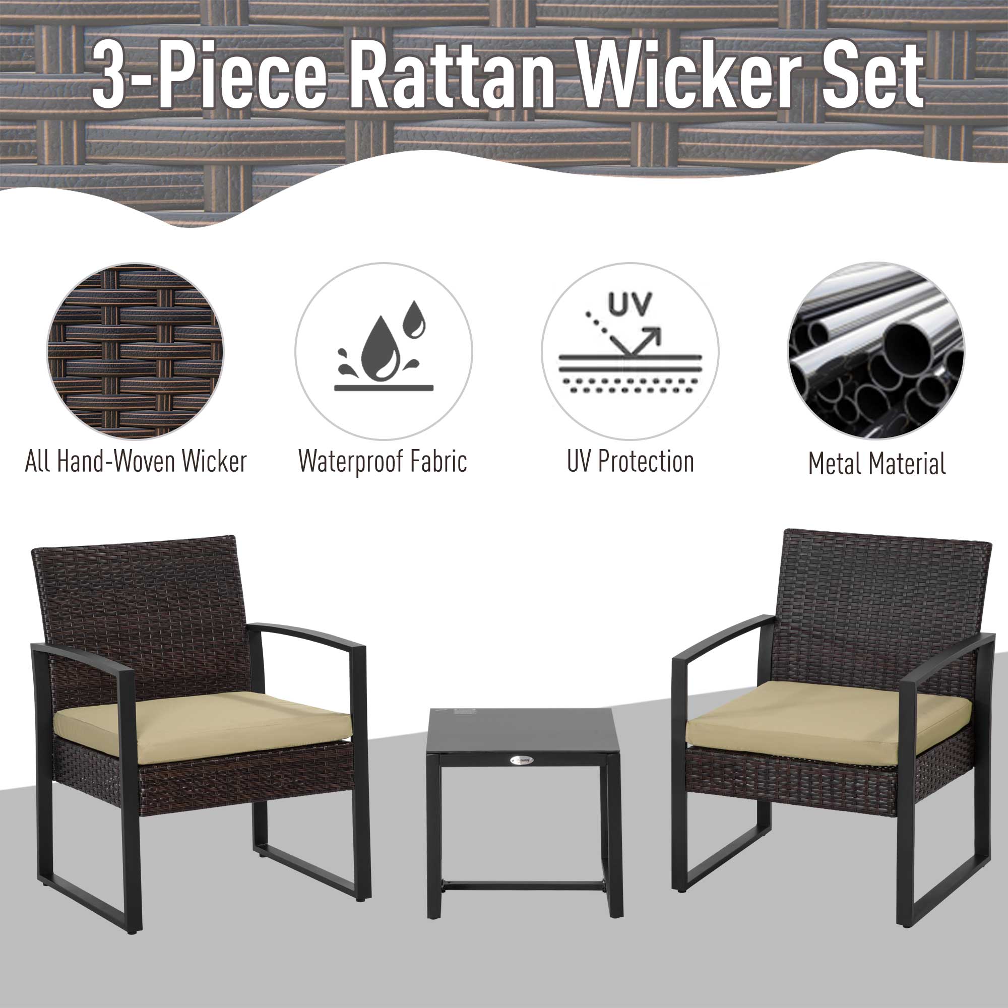 3 Pcs PE Rattan Wicker Garden Furniture Patio Bistro Set Weave Conservatory Sofa Coffee Table And Chairs Set Beige