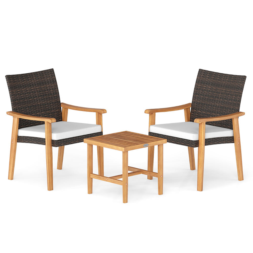 3 Pieces Patio PE Wicker Furniture Set Acacia Wood Outdoor Conversation Bistro Set