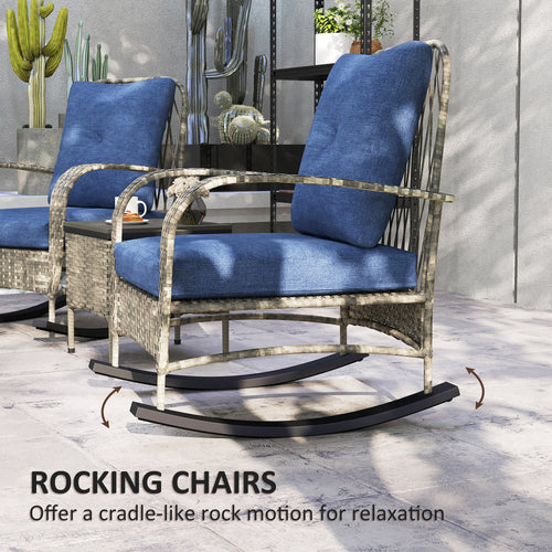 3 Piece Wicker Patio Furniture Set, Outdoor PE Rattan Rocking Chairs With Coffee Table, Cushions For Porch, Gray