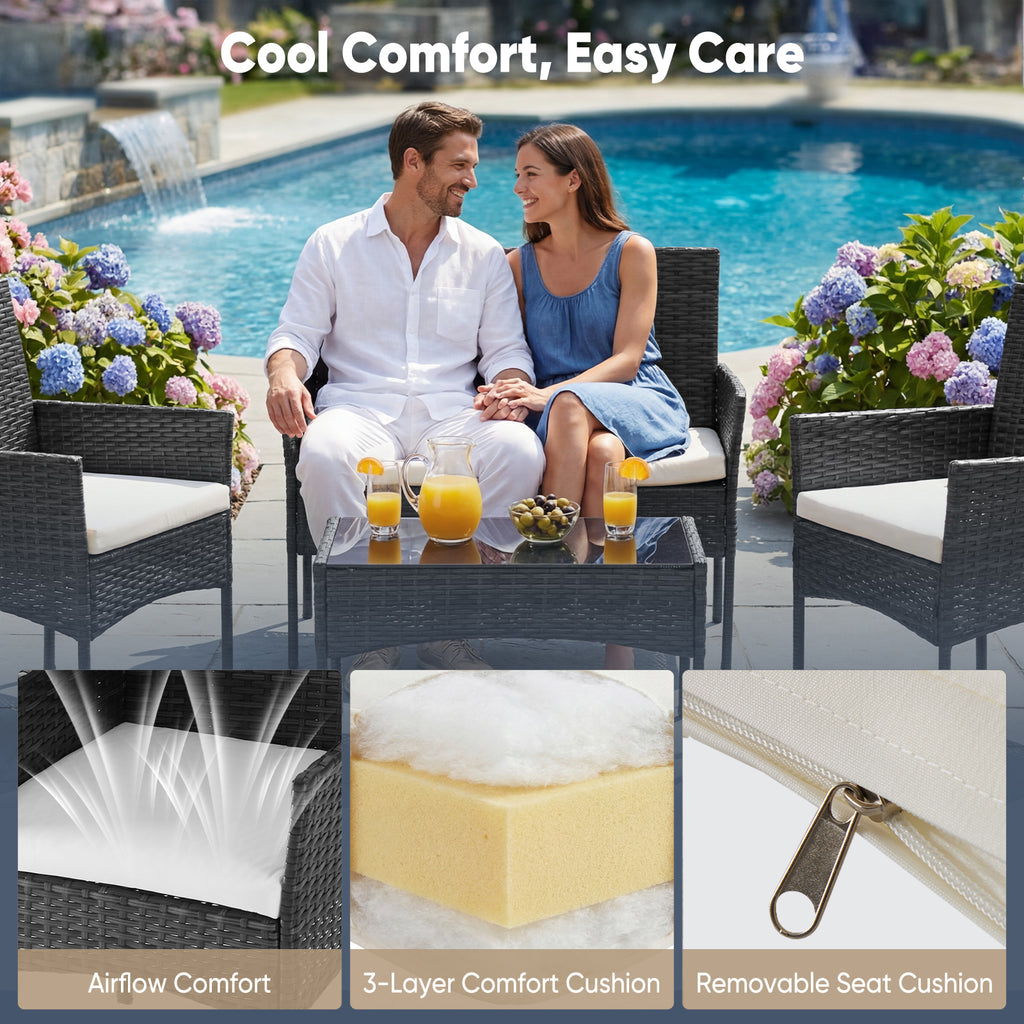 Three-piece Garden Furniture Set, Woven Outdoor Polyethylene Rattan Furniture, Equipped With A Coffee Table And Washable Cushions