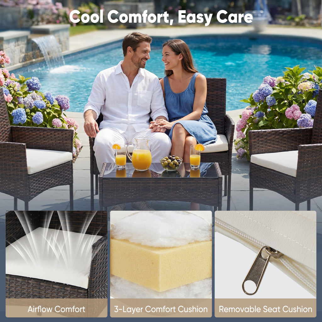 Three-piece Garden Furniture Set, Woven Outdoor Polyethylene Rattan Furniture, Equipped With A Coffee Table And Washable Cushions
