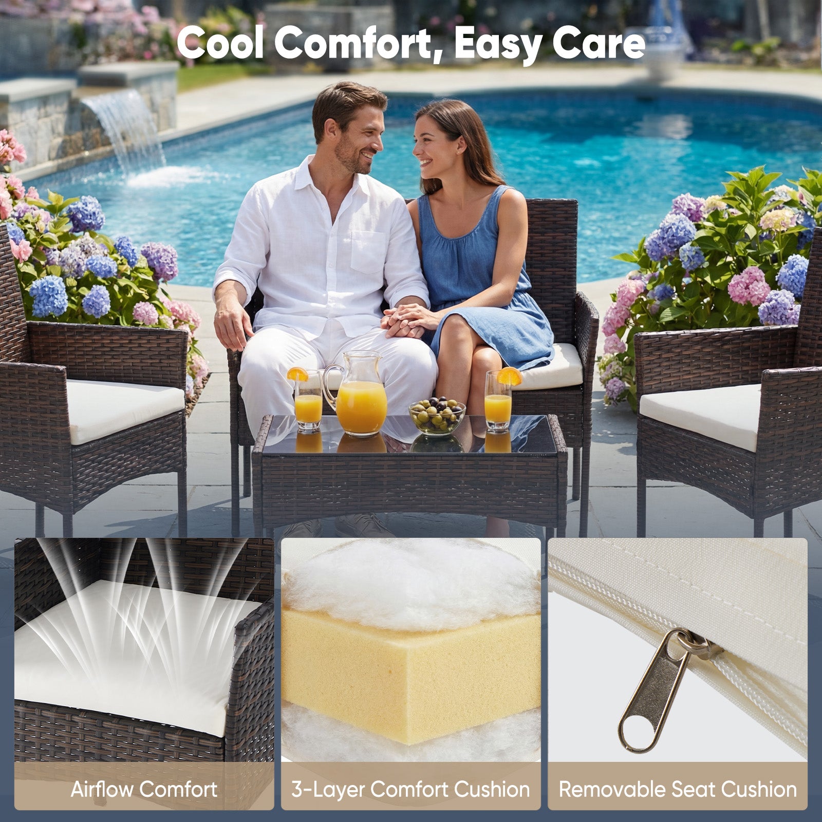 Three-piece Garden Furniture Set, Woven Outdoor Polyethylene Rattan Furniture, Equipped With A Coffee Table And Washable Cushions