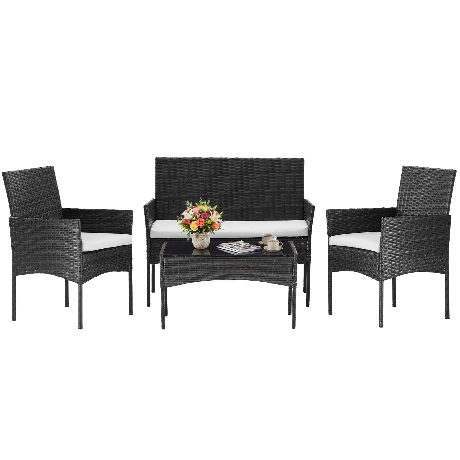Three-piece Garden Furniture Set, Woven Outdoor Polyethylene Rattan Furniture, Equipped With A Coffee Table And Washable Cushions