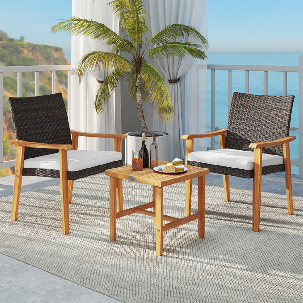 3 Pieces Patio PE Wicker Furniture Set Acacia Wood Outdoor Conversation Bistro Set