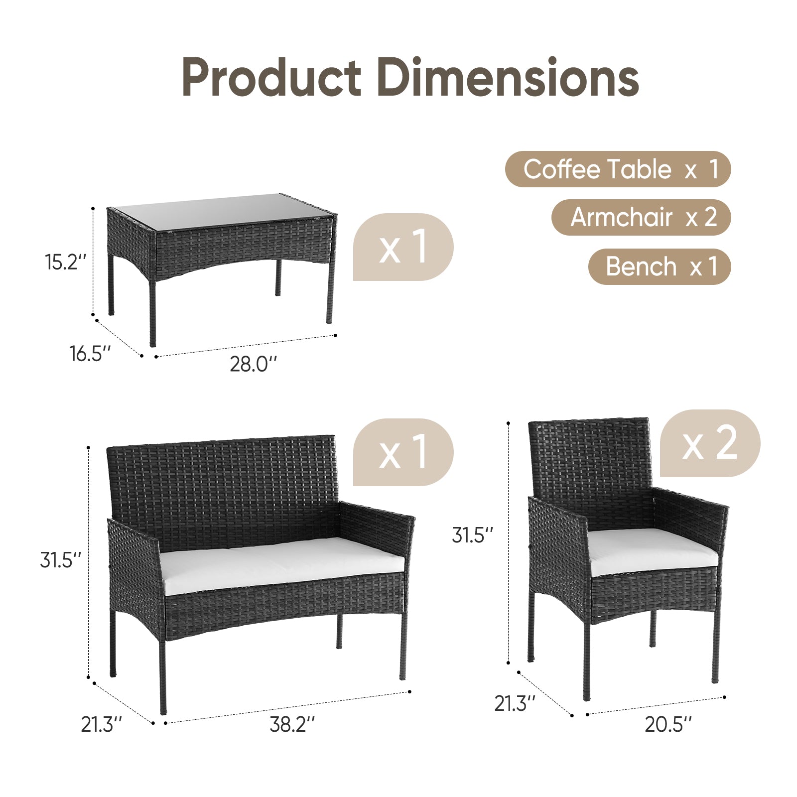 Three-piece Garden Furniture Set, Woven Outdoor Polyethylene Rattan Furniture, Equipped With A Coffee Table And Washable Cushions