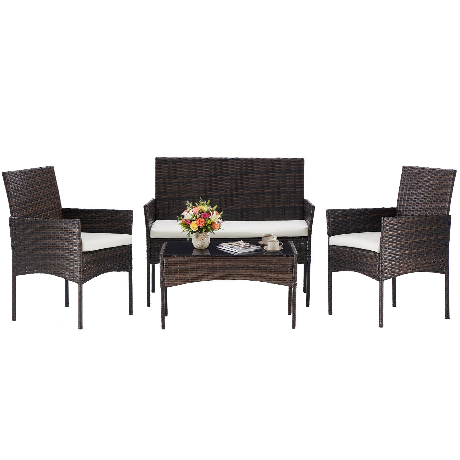Three-piece Garden Furniture Set, Woven Outdoor Polyethylene Rattan Furniture, Equipped With A Coffee Table And Washable Cushions