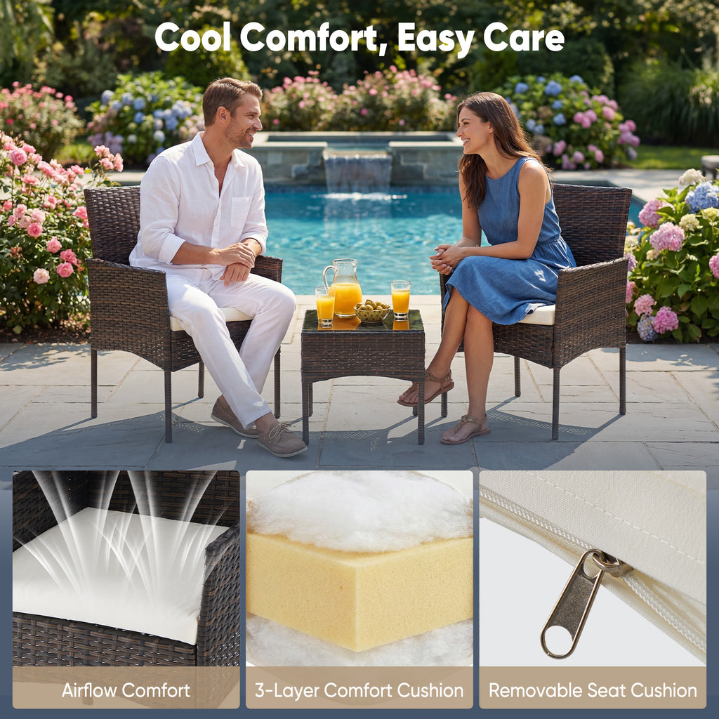 Three-piece Garden Furniture Set, Woven Outdoor Polyethylene Rattan Furniture, Equipped With A Coffee Table And Washable Cushions